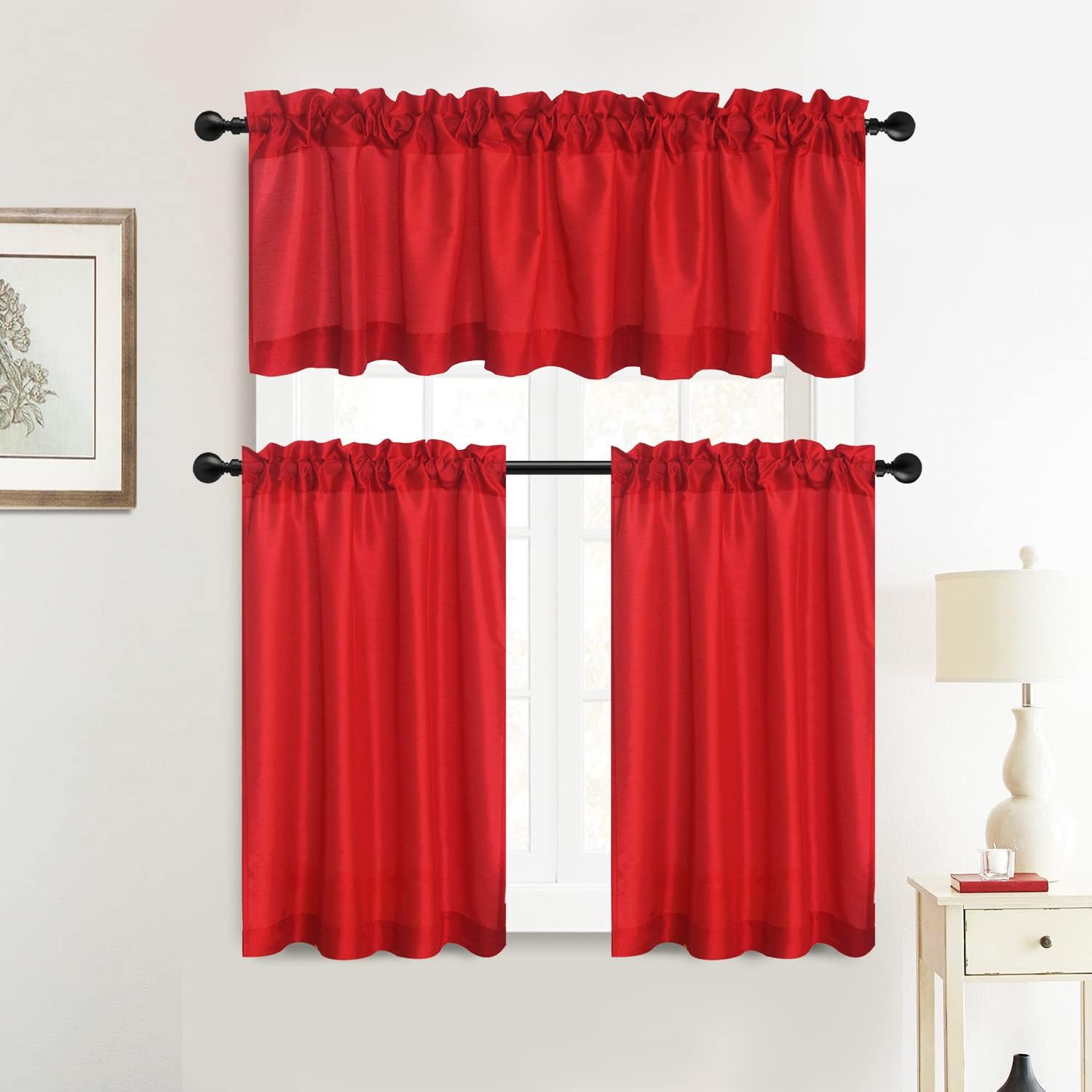 Faux Silk Kitchen Valance Set - 36 Inch Tier Curtains with Rod Pocket for Living Room, Bedroom & Bathroom - Farmhouse Rustic Country Style - 3 Piece Set (Red)
