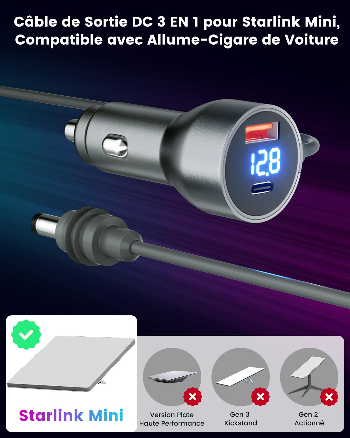 Mwin Starlink Mini Câble - Accessoires Starlink Mini Chargeur de Voiture 3 en 1, Adaptateur Allume-Cigare 12V-24V avec Affichage Numérique, Ports USB C/USB A Charge Rapide 30W pour Voitures (3M)