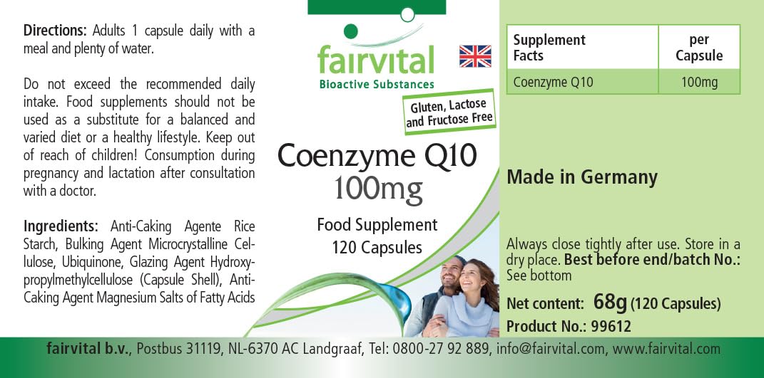 fairvital Coenzima Q10 100 mg, 120 capsule, facili da deglutire, ALTO DOSAGGIO, capsule di CoQ10 ubichinone, per 4 mesi, VEGANE