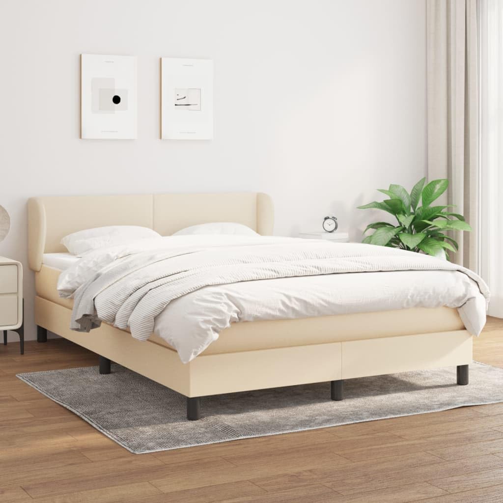 Tkanina z regulowanym zagłówkiem łóżko kontynentalne kremowe 140x200 cm | Łóżko kontynentalne z materacem 140x200 cm kremowe tkanina z regulowanym zagłówkiem sprężyny kieszeniowe