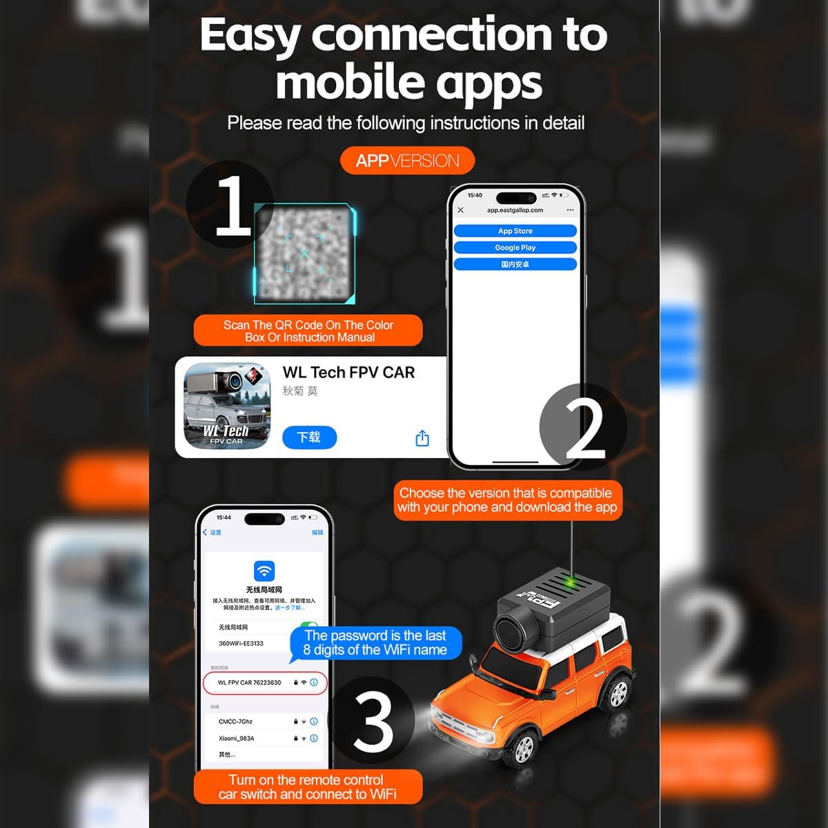 WL FPV RC Car with Camera, 1/64 APP-Controlled Fully Proportional Mini Off-Road Remote Control Car with APP Auto-Pairing 3-Speed Modes Storage Case Tow Trailers, Toy Gift -RTR