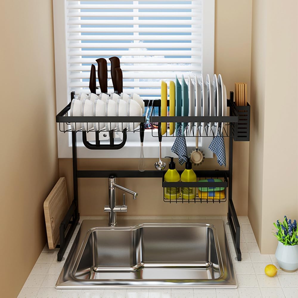 Large Over The Sink Dish Drying Rack (33.4"-41.3") 2 Tier Length Adjustable Dish Drainer for Kitchen Sink Auto Drainage Space Saving Kitchen Organizer, Black (25.6‘’-33.5‘’)