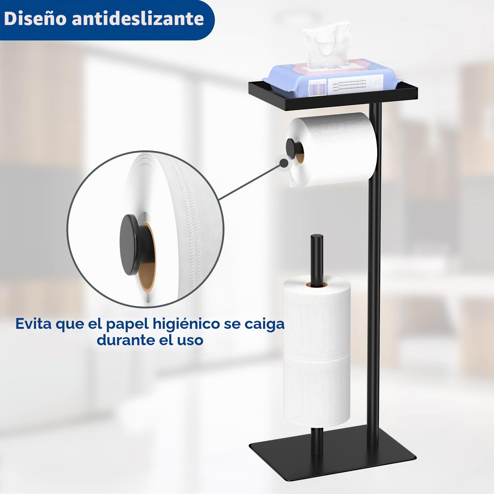 Susswiff Portarrollos de Papel higiénico Independiente con Estante de Almacenamiento Superior, Soporte de Papel higiénico Negro, Almacenamiento de 4 Rollos de Reserva