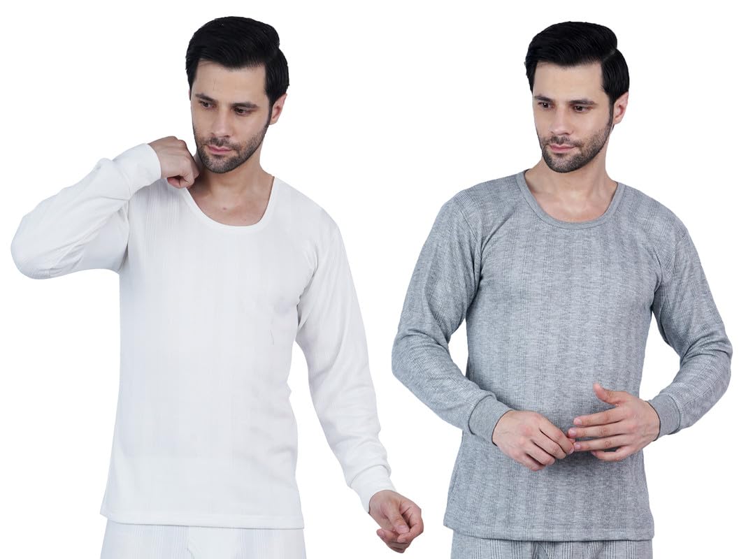 wako Men’s Thermal Top Combo | Full Sleeve Round Neck Cotton Blend Innerwear | Lightweight Warm Body Warmer | White & Lite Grey-picture-33