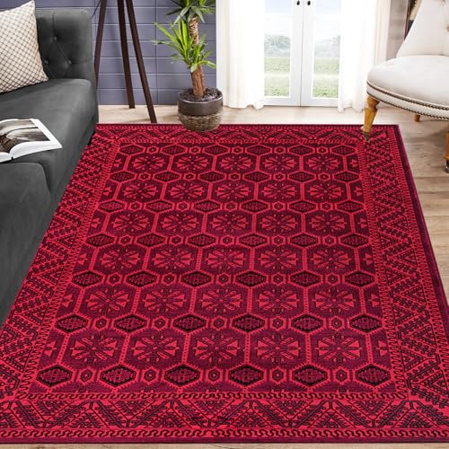 cozily® Soft Pile Area Rug With Jute Backing, Vintage Rugs For Living Room - Arta 120 x 170 cm Red - Washable Rugs For Bedroom and Fireside