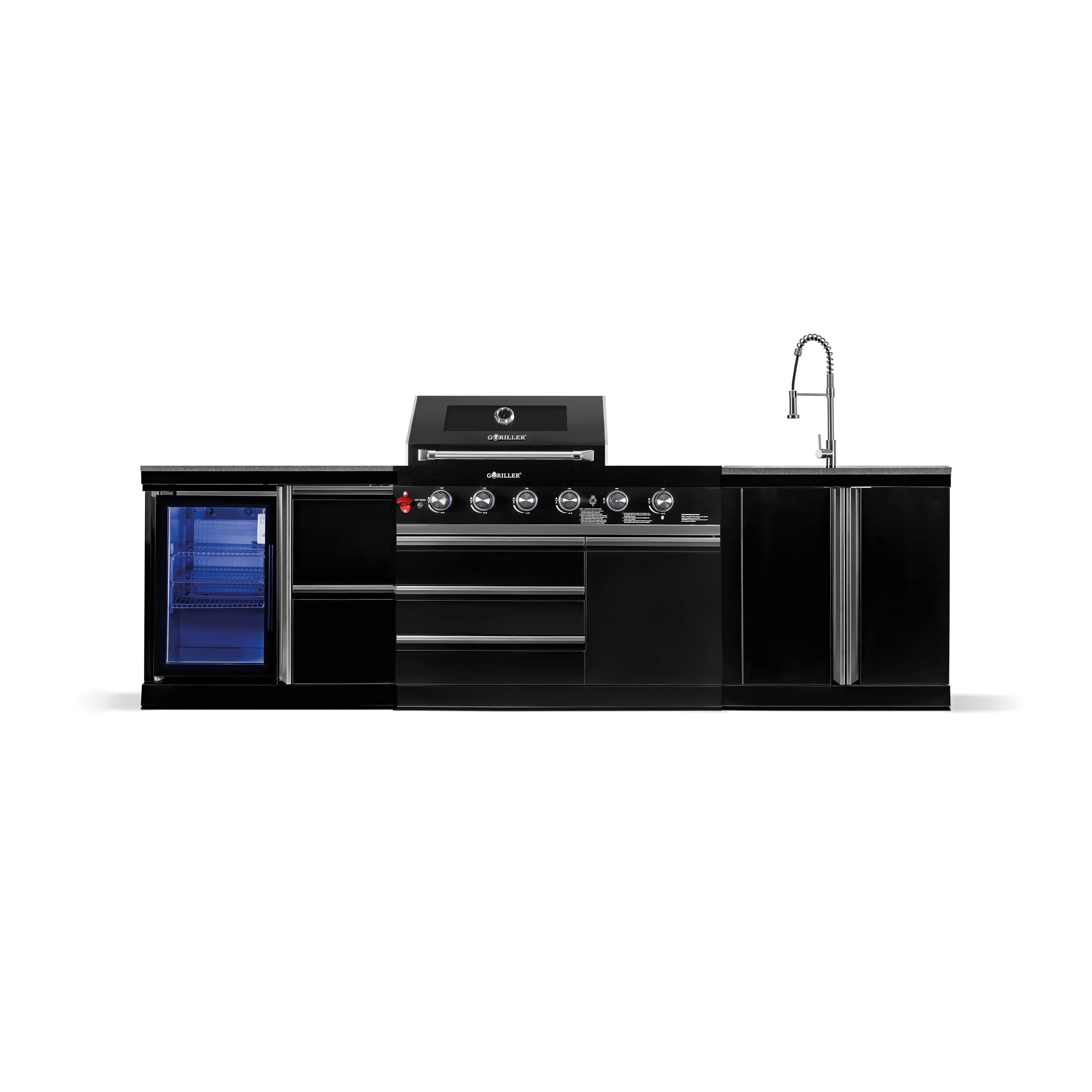 GORILLER® Selected Lite Cuisine d'extérieur en acier inoxydable avec réfrigérateur, unité d'évier, plan de travail, rôtissoire et housse de pluie, cuisine extérieure noire