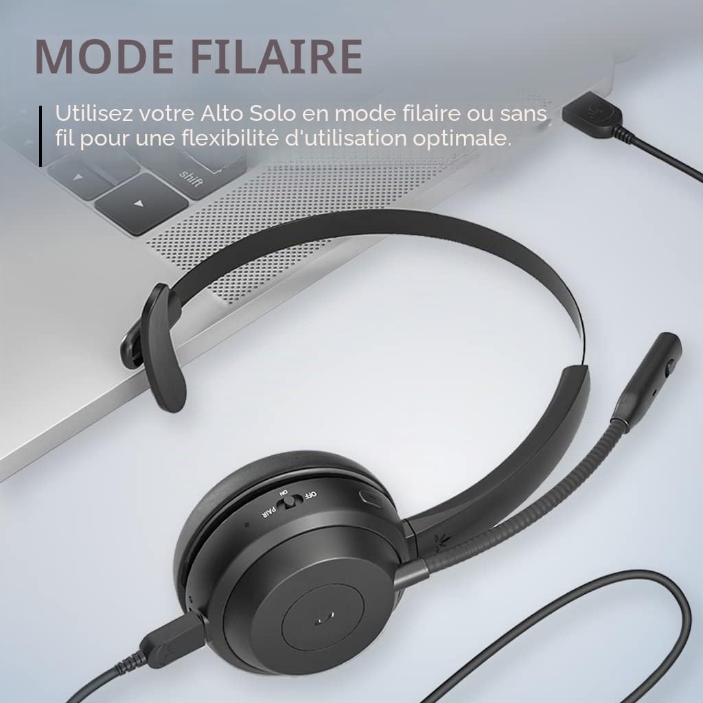Avantalk Alto Solo - Casque Bluetooth sans Fil avec Micro pour PC et Ordinateur, Solution Bluetooth Qualcomm, Annulation de Bruit CVC, Support de Charge, Bouton Mute et Audio par Câble