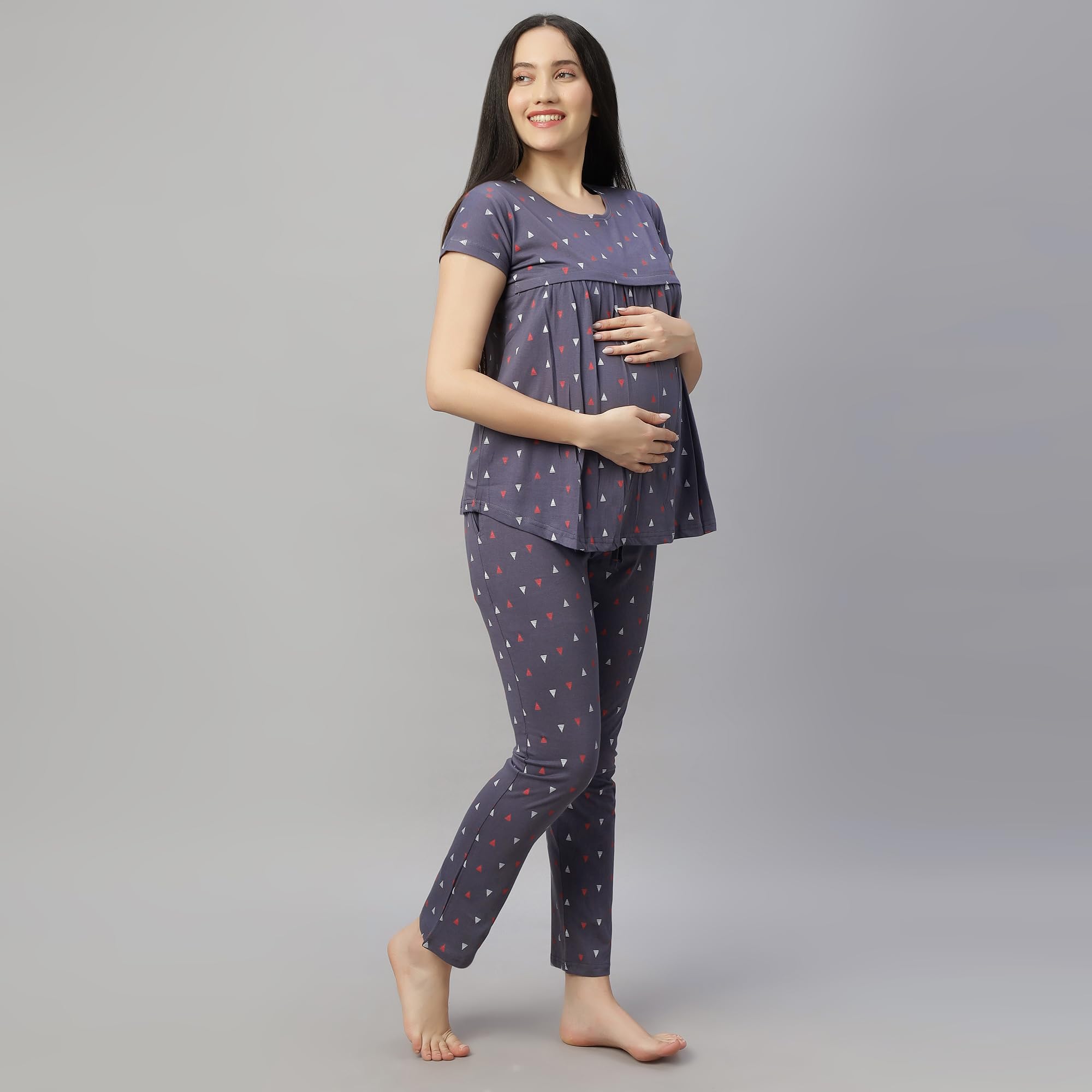DZZO Women's Cotton Printed Maternity Night Suit | Comfortable Feeding Night Dress | Soft & Breathable Nursing Pajama Set | Color - Grey, Size - M - Image 2 thumbnail