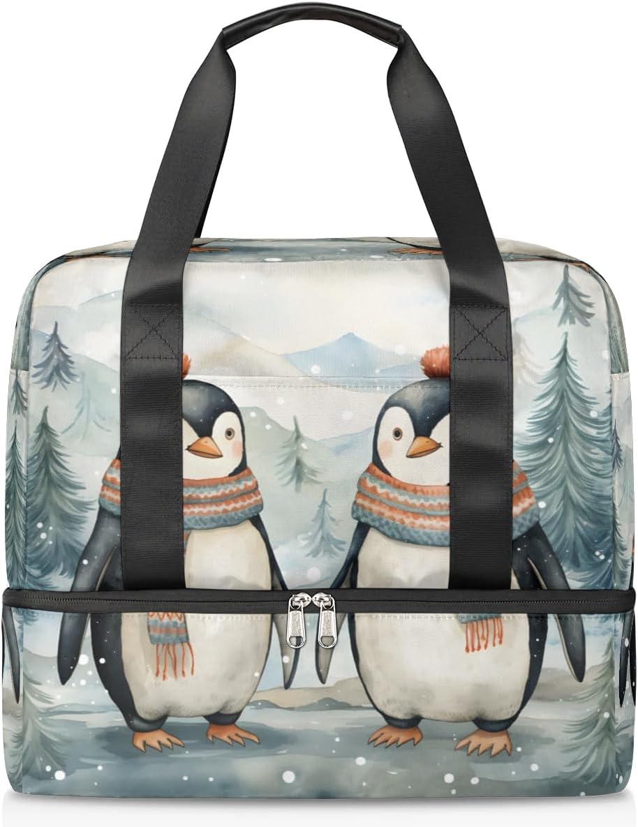 Travel Duffel Bags Winter Penguins Sports Gym Bag with Wet Pocket & Shoes Compartment Large Duffel Bags Waterproof Overnight Bag Weekender Bags for Women Men
