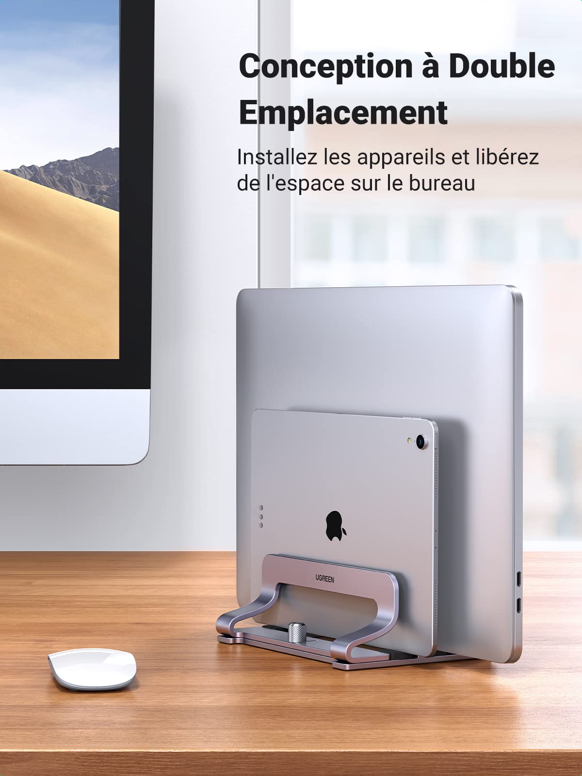 UGREEN 2 en 1 Support Ordinateur Portable Vertical Laptop Stand en Aluminium Double Porte PC Portable Bureau Réglable Compatible avec MacBook Pro Air MateBook Chromebook Surface Dell HP iPad