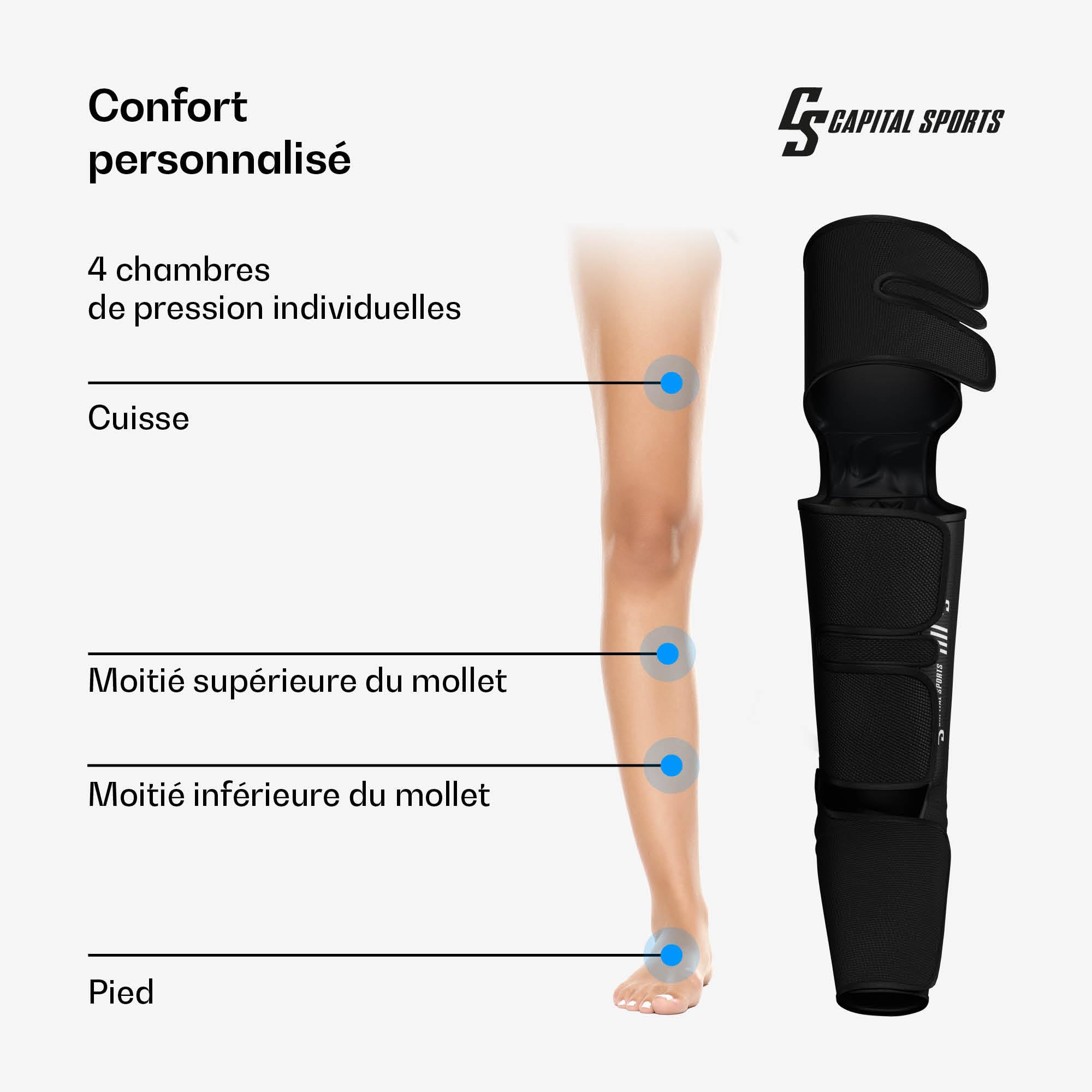 Capital Sports ReCrest Masseur de Jambes – Massage Complet des Jambes&Pieds avec Chaleur, 6 Modes, 3 Intensités, 4 Chambres de Pression pour Soulagement Musculaire, Télécommande & Minuteur Automatique