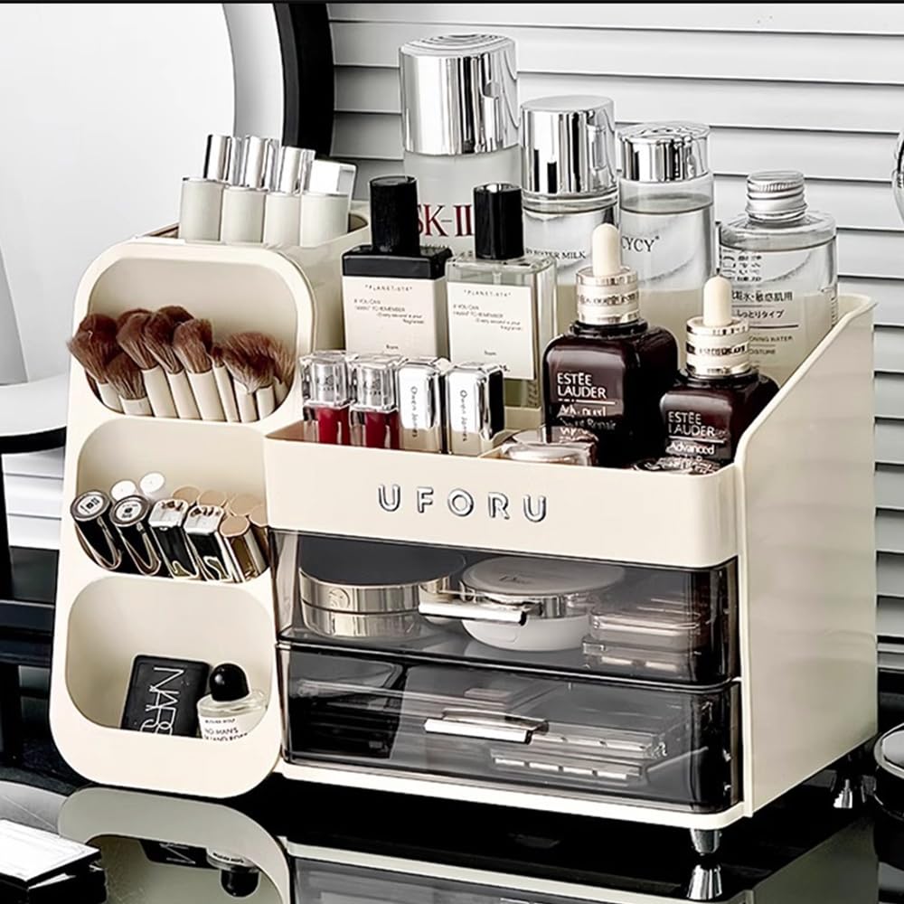 QHWRV Large Capacity Modern Elegant Makeup Organizer, Cosmetic Display Cabinet with 7 Compartments, Drawers, Suitable for Dressing Table, Bathroom, Office Desk in White, Grey