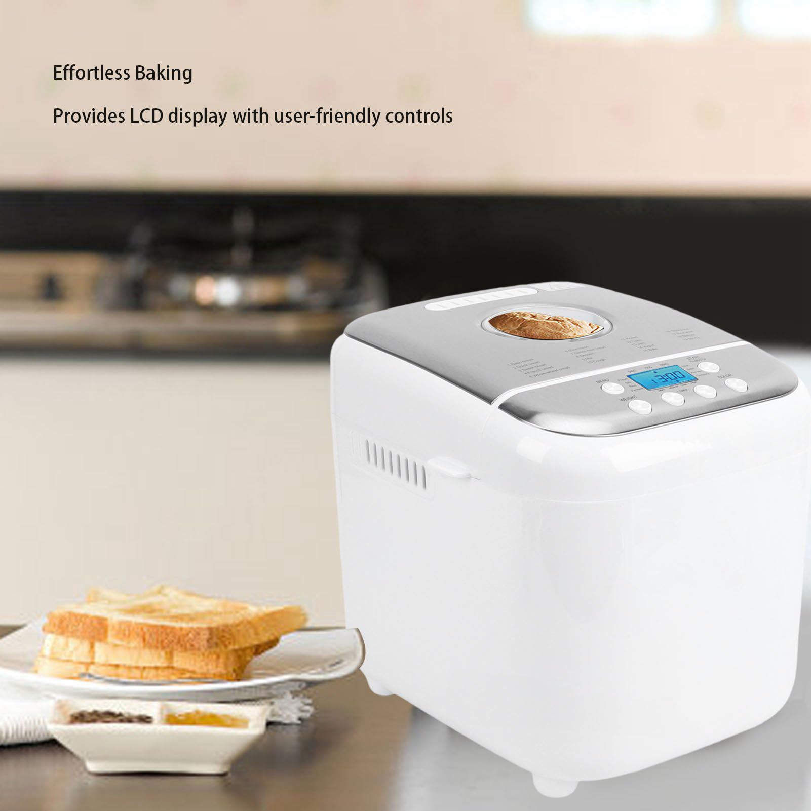 Automat do Pieczenia Chleba z powłoką nieprzywierającą, Programowalny z 19 Ustawieniami, 3 Kolory Skórki, Silnik o Mocy 600 W, do Pieczenia Ciasta Chlebowego (wtyczka UE)