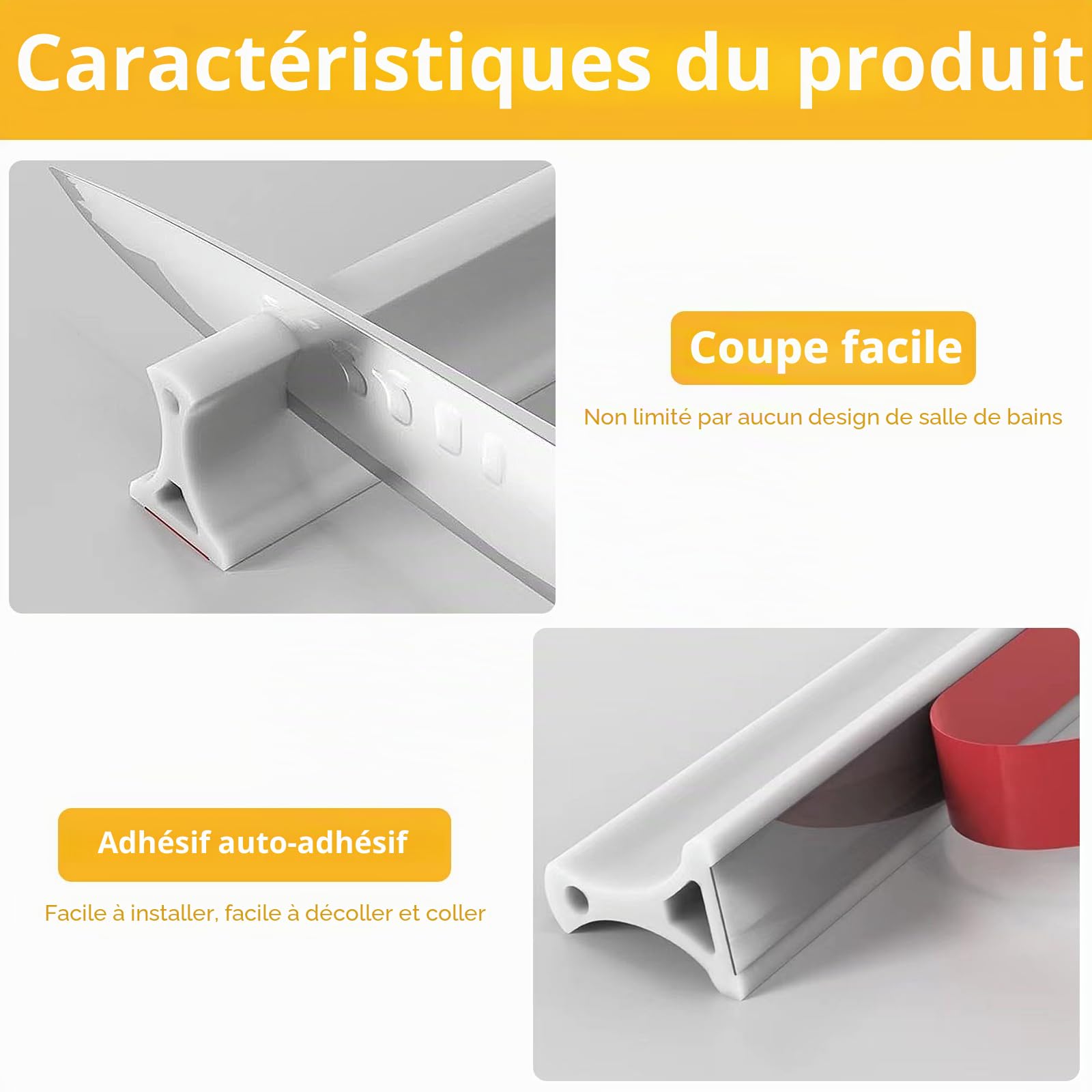 Barre de seuil de douche autocollante - 4 cm de haut - Pliable - Pour douche, sol, salle de bain et cuisine - Blanc - 2 m
