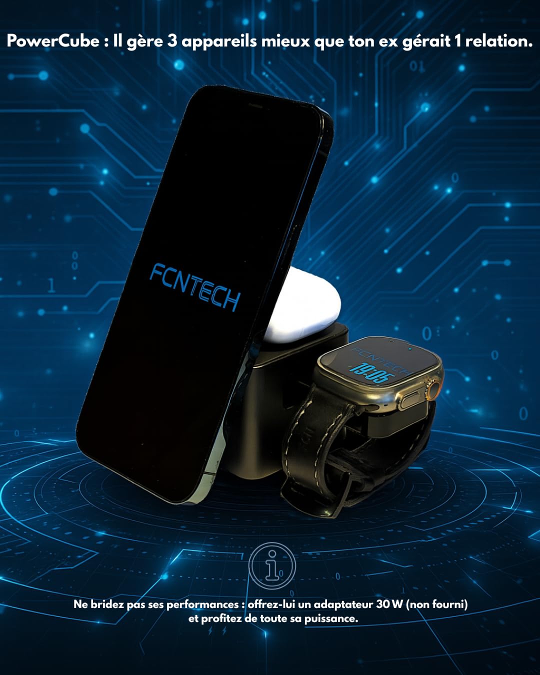 PowerCube, Station de Charge 3 en 1 Compatible MagSafe pour iPhone, Apple Watch et AirPods | Chargeur Induction Qi2 pour iPhone 16/15/14/13/12| Support Compatible Magsafe Table de Nuit |