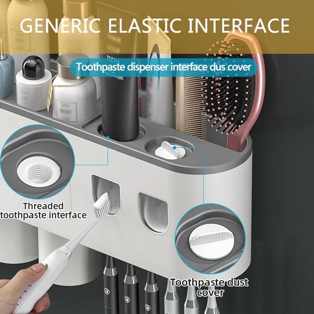 Bathroom Toothbrush Holder With Dual Automatic Toothpaste Dispenser Squeeze Kit, 2/3/4/5 Cup Wall Mounted Toothbrush Holder, 6 Brush Slots, Large Capacity Tray, Cosmetic Drawer,3cups