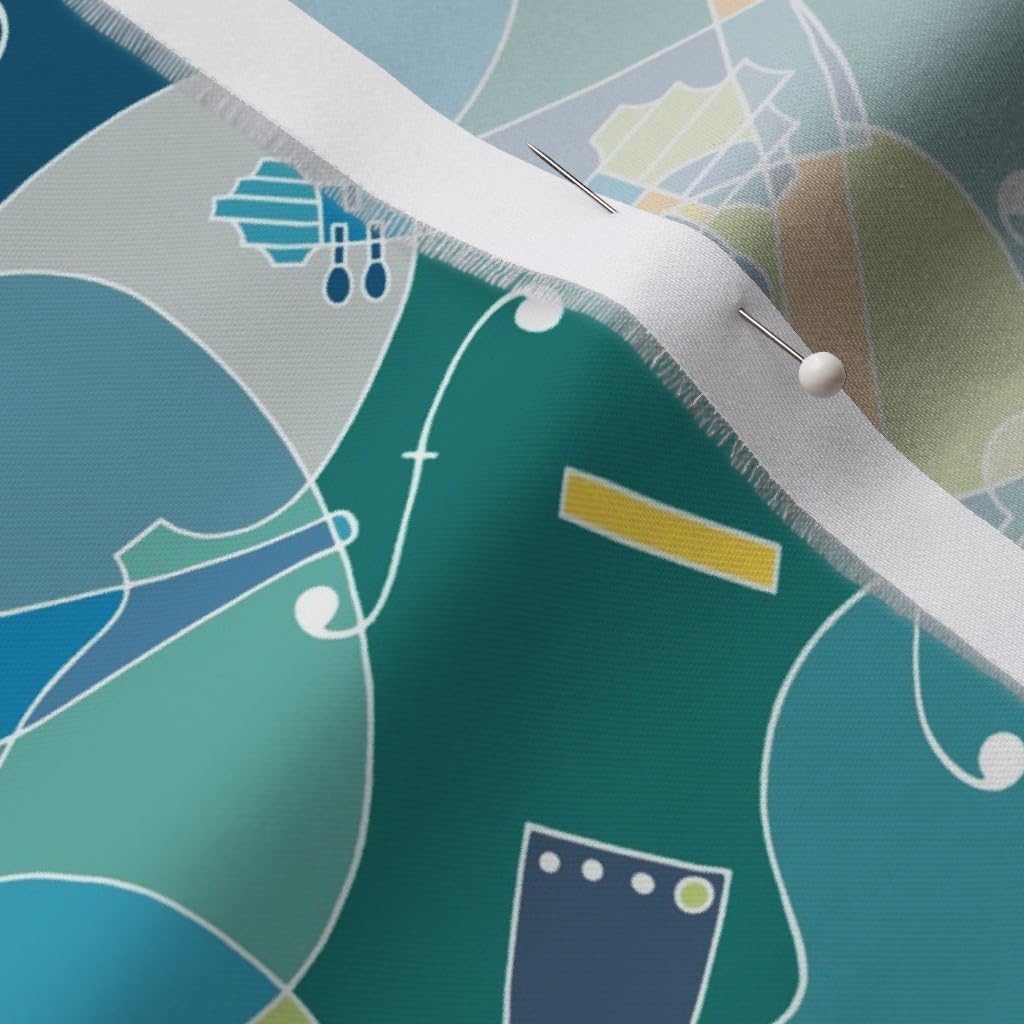 Spoonflower Fabric - Blue Green Orange Yellow Grey Music Musical Instrument Strings Violin Printed on Organic Cotton Sateen Fabric by The Yard - Sewing Quilting Apparel Home Decor