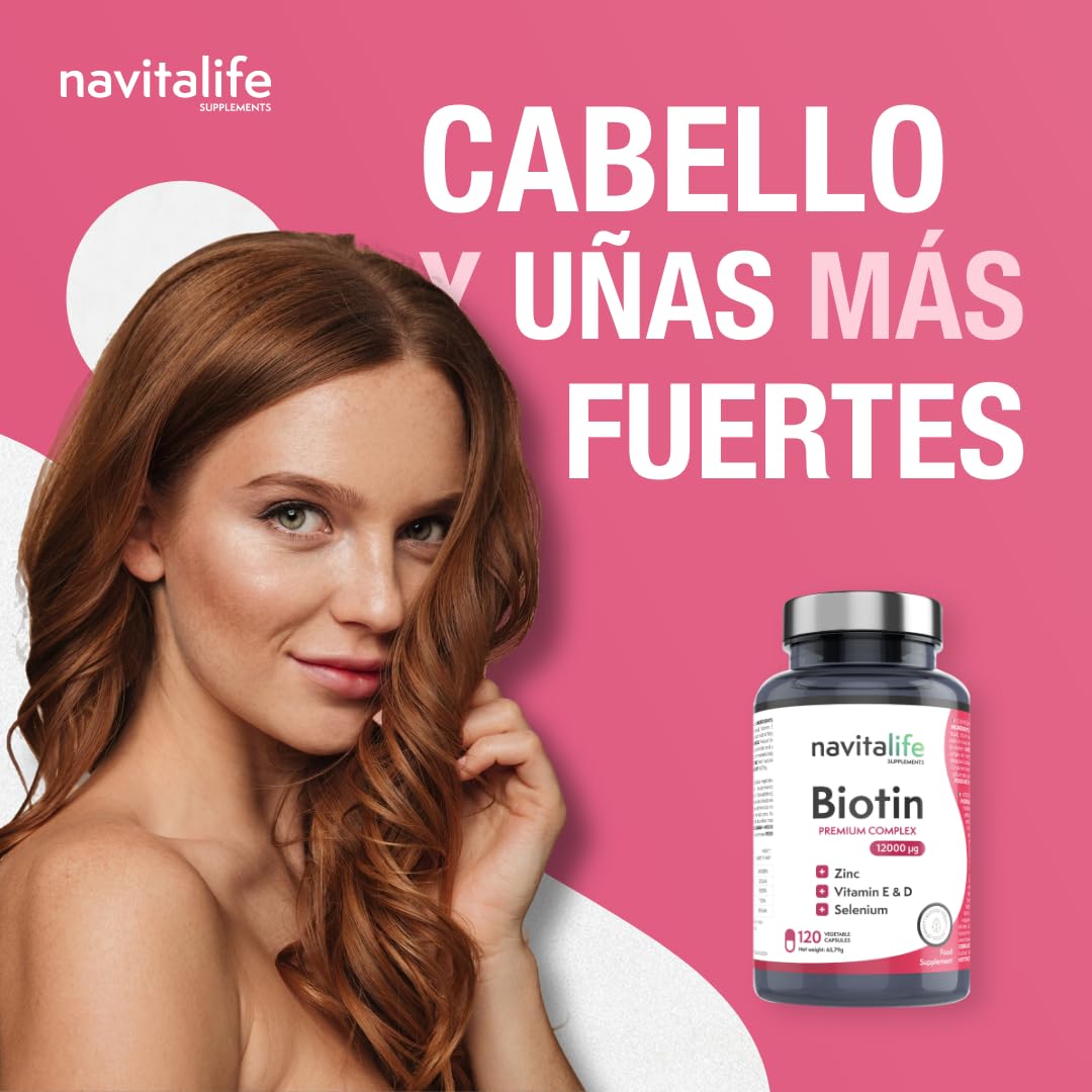 Biotina para el Cabello 12.000 mcg | Repara y Aumenta el Crecimiento de tu Pelo, Mejora la Calidad de tus Uñas y Piel | Con Selenio + Zinc + Vitaminas E y D, 4 Meses de Tratamiento | 120 Cápsulas