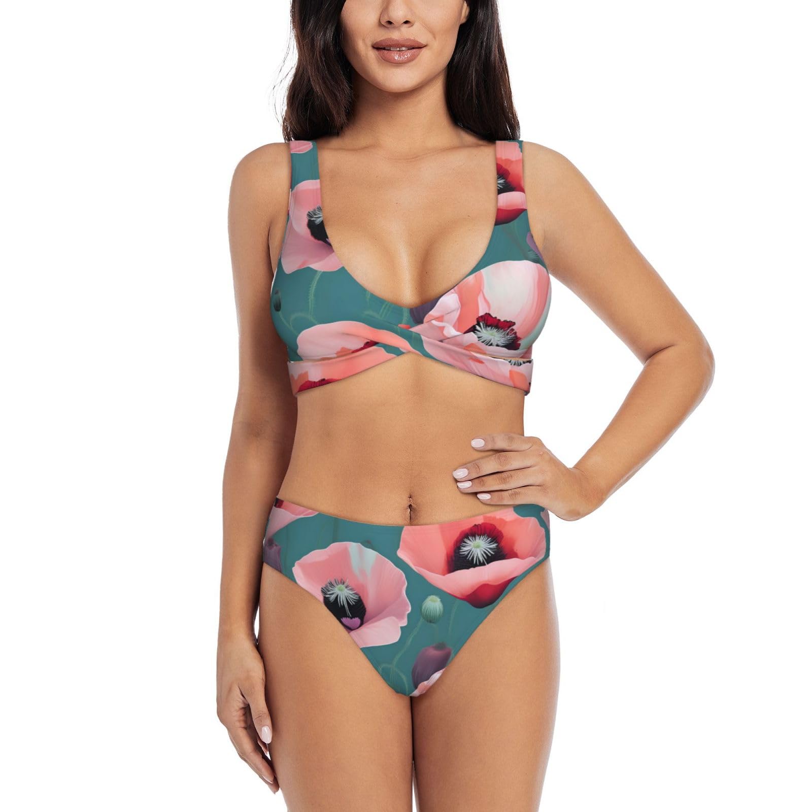 Pastel Poppies Print Women Bikini Set HalterTwo Piece Swimsuit Triangle Bathing Suits Sexy Swimwear for Women, Black, S