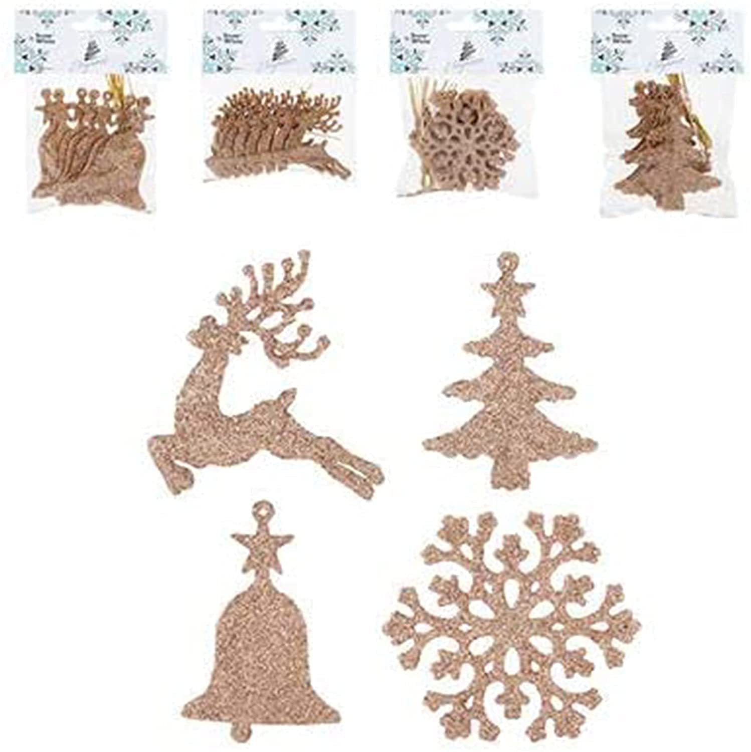 Homestreet 32 Mix Up Glitter Rose Gold Hanging Christmas Decorations Or Craft Or Present Toppers: Trees, Bells, Reindeer, Snowflakes. Pack Of 8 Or 32 Value Pack Festive Decor (32 Mix Up)