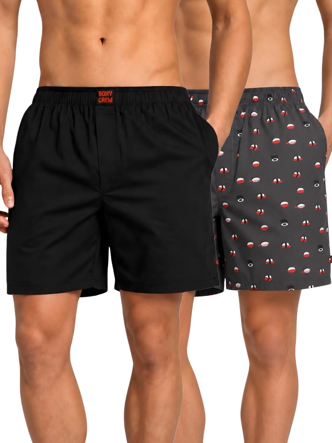 boxy crew Men Boxer Shorts Pack of 2, 100% Cotton Woven Boxers, Black & Charcoal, Solid & Printed Designs, Dual Side Pockets, No-Marks Inner Elastic Waistband, Relaxed Lounge & Sleep Shorts-picture-24
