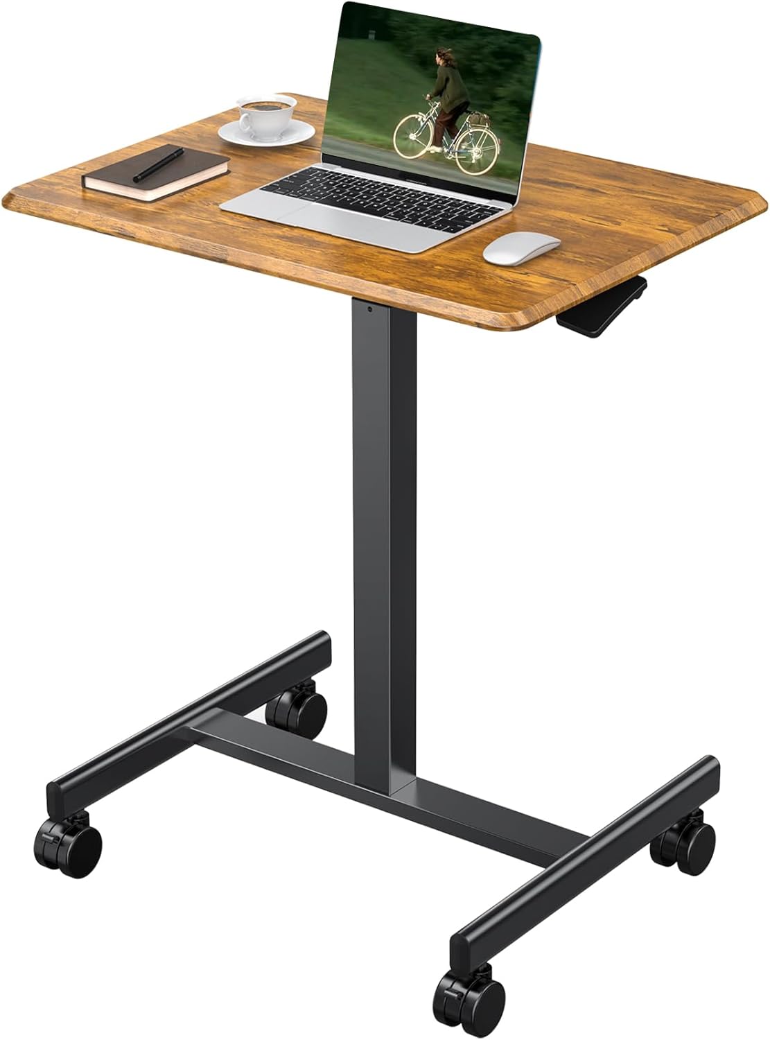 OLIXIS Mobile Standing Desk with Wheels Small Rolling Laptop Desks Portable Pneumatic Adjustable Height Sit Stand Table Computer Workstation for Home Office Rustic Brown