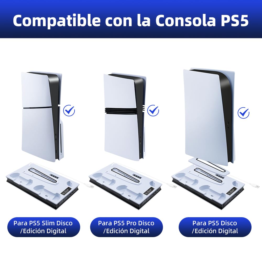 Wigearss PS5/PS5 Slim/PS5 Pro Soporte Vertical Ventiladores de Refrigeración y Estación de Carga de Dual Dontrolador, Soporte Multifuncional con Iluminación LED para Consola PS5/PS5 Slim/PS5 Pro