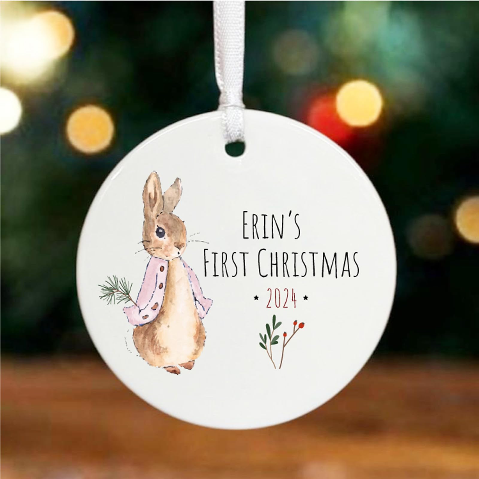 Luck And Luck Red, Green, Silver, Gold Personalised Flopsy Rabbit 1St Christmas Bauble, Baby's First Christmas Keepsake, Porcelain Hanging Tree Decoration, Peter Rabbit Gift