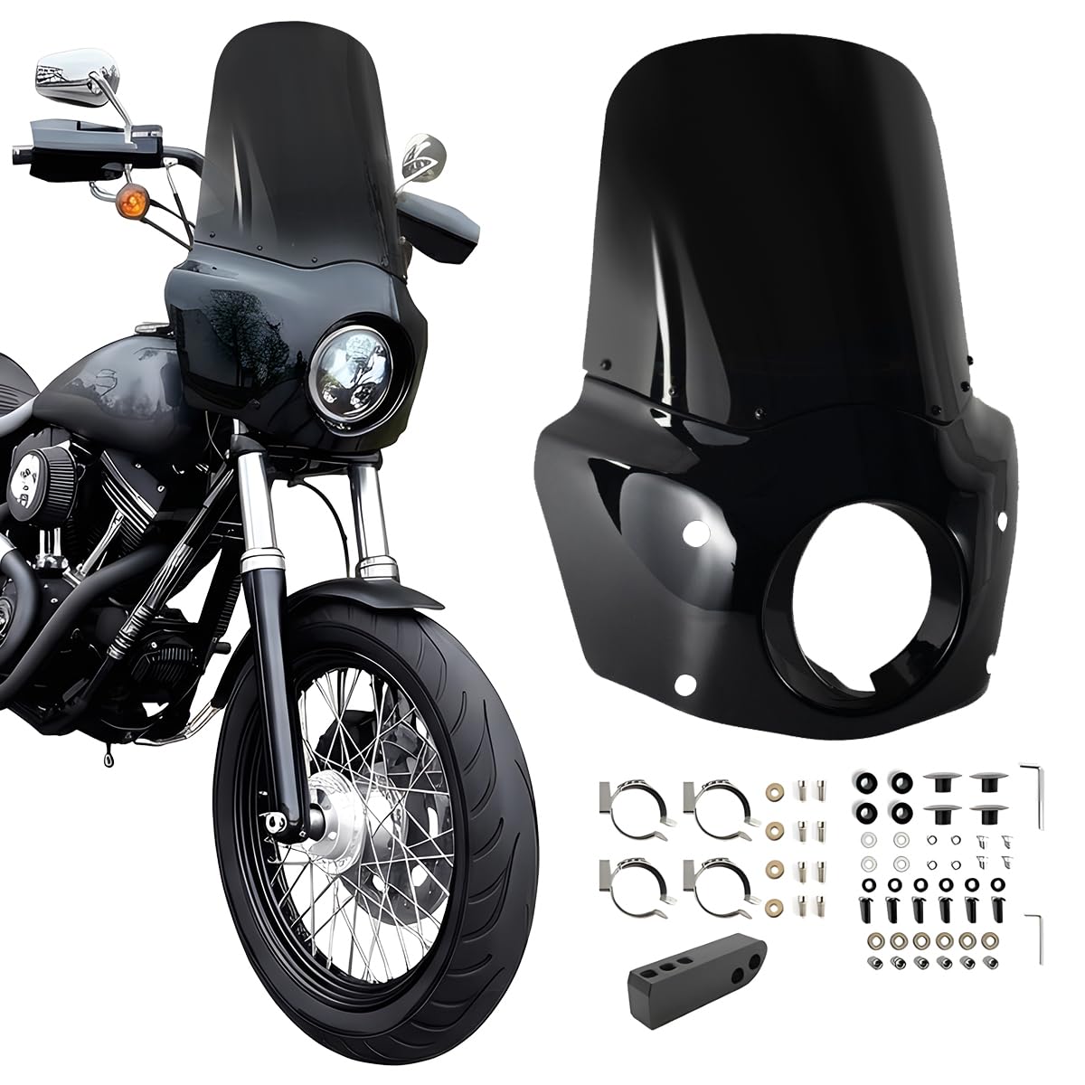 Motorcycle Fairing 5.75" Headlight Fairing with 15" Motorcycle Windshield 49mm Mounting Hardware for Harley Dyna FXD FXDC Street Bob FXDB Low Rider FXDL FXDLS Super Glide FXDI35(Dark Smoke)