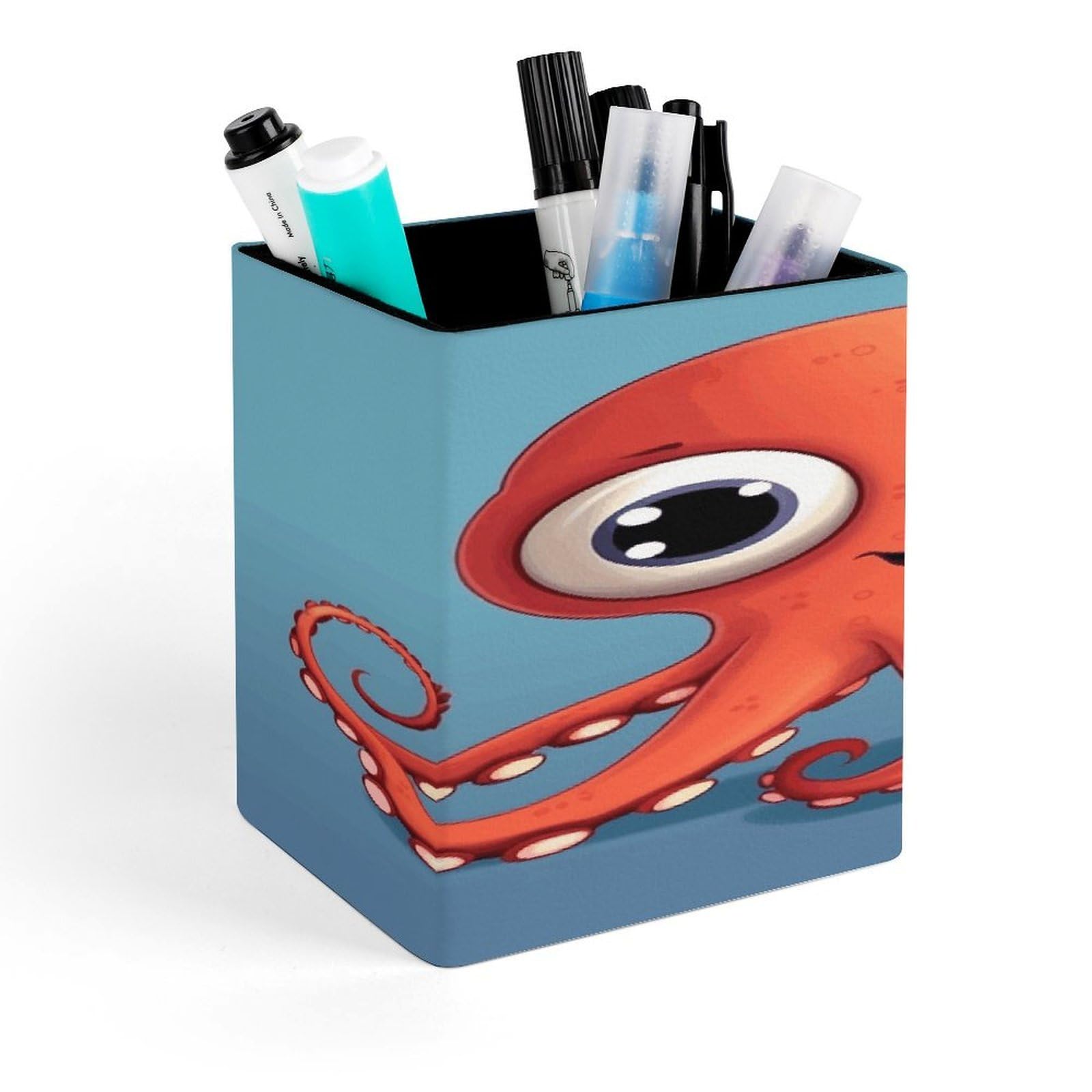 JTREHY Big-eyed Red Octopus Pen Holder Square Pen Pencil Holder Makeup Brush Holders Cup PU Leather Pencil Cups Desktop Caddy Stationery Organizer Case Office Accessories Container Box