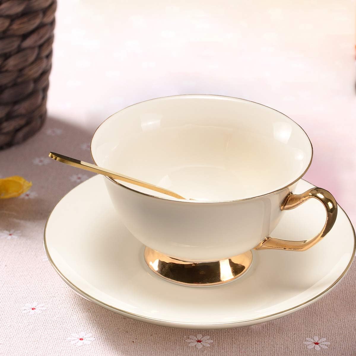 British Coffee Cup with Saucer and Spoon for Latte Americano Cups with Saucer Porcelain Tea Cups, Cups and Saucers with Gold platted rims and Handles