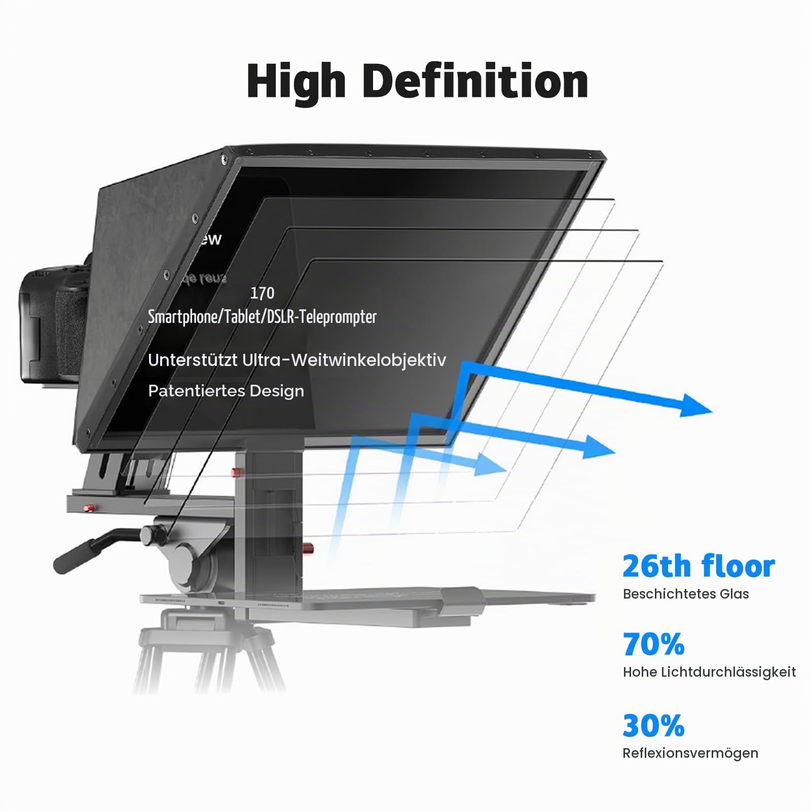 Desview TP170 Teleprompter Aluminiumlegierung, 17 Zoll High Display Glas abhebbar Prompter mit Fernbedienung & APP für iPad/Tablet DSLR Camcorder Weitwinkel-Kameraobjektiv Videoaufnahmen