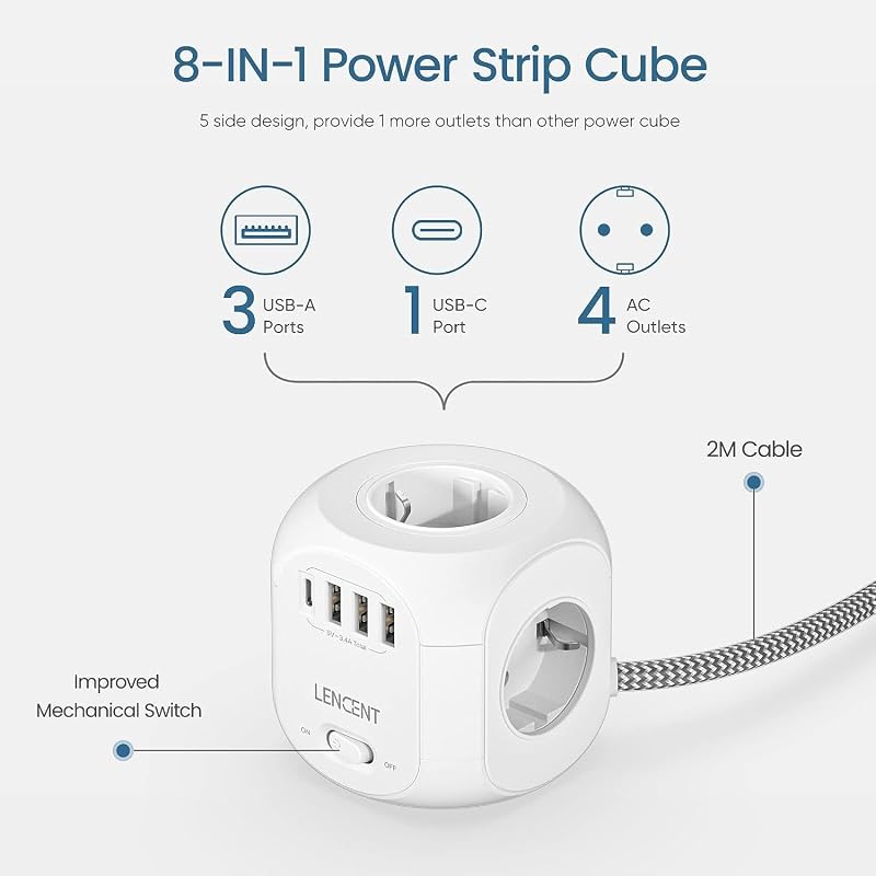 LENCENT 8az1-ben kocka elosztó 3 USB + Type-C porttal 2m vezetékkel - 2 m