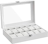 SONGMICS Uhrenbox mit 12 Fächern, Uhrenkasten mit Glasdeckel, Uhrenkoffer mit herausnehmbaren Uhrenkissen, Metallverschluss, Uhrenschatulle, PU-Bezug in Weiß, Samtfutter in Weiß JWB202
