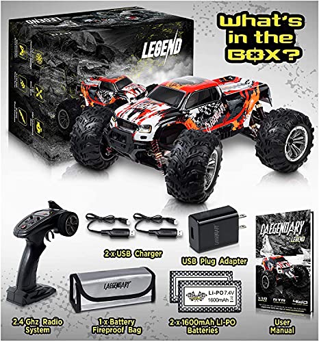 1:10 Scale Large Rc Cars 50+ Kmh Speed - Boys Remote Control Car 4X4 Off Road Monster Truck Electric - All Terrain Waterproof Toys Trucks For Kids And Adults - Red-Orange And Black-Red Bundle Pack #TOP7