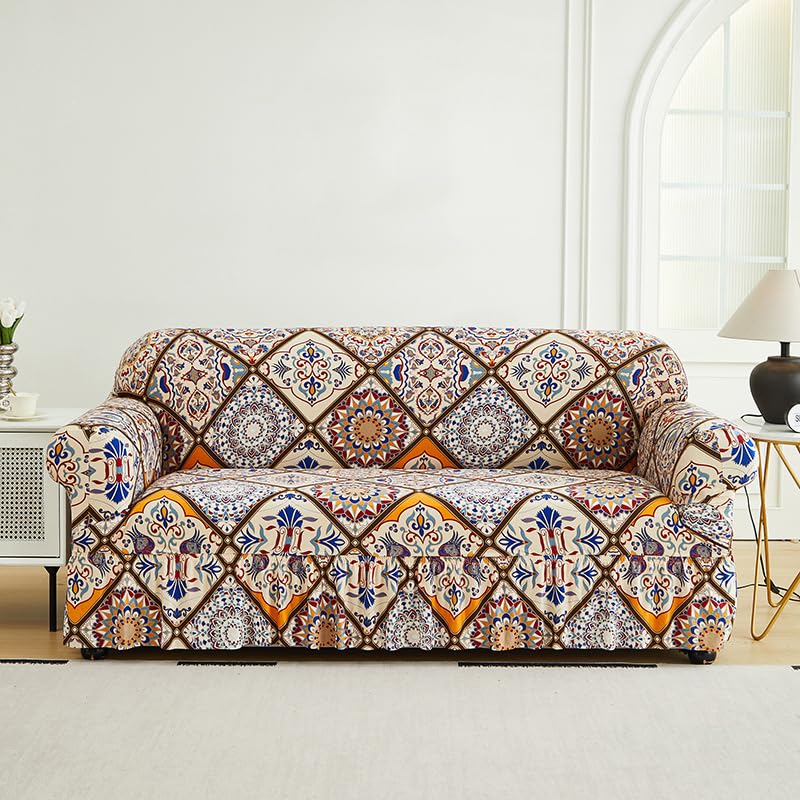 Stretch Sofa Covers with Skirt - Modern Floral Pattern Elastic Bottom Couch Cover Non-Slip Fabric Sofa Armchair Slipcovers Dust-Proof Furniture Protector for 1-4 Seat Dog Pet (M(145-185CM),#10) — image 1