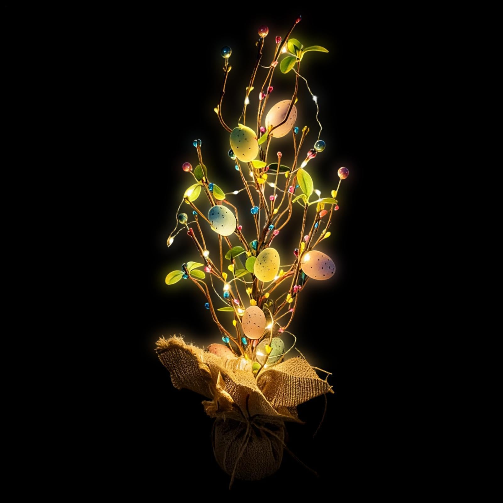 Árbol de huevos de Pascua con brillo de ramitas y centro de mesa floral