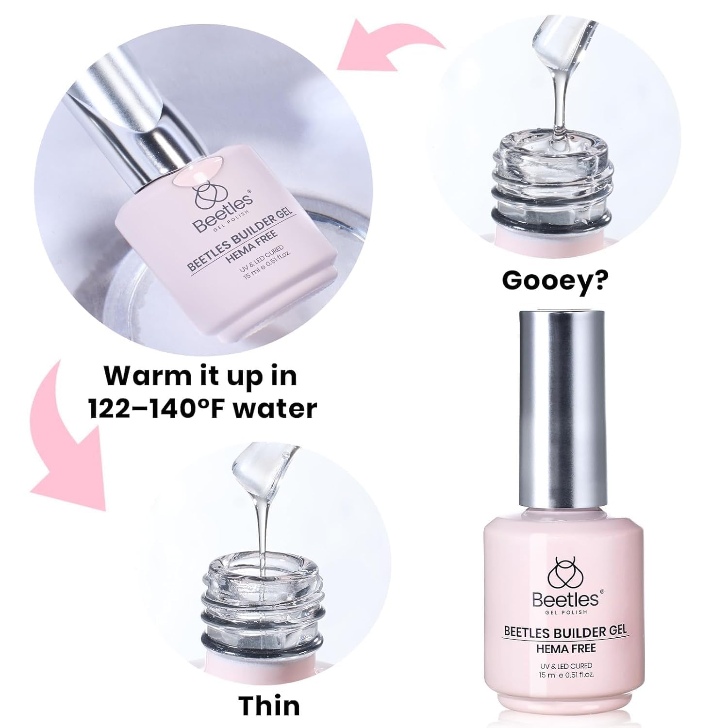 Beetles - Gel constructor sin HEMA con base y capa superior que no se limpia 3 unidades, 15 ml | Acabado brillante de uñas y fórmula de baja sensibilidad mejorada de larga duración para mujeres