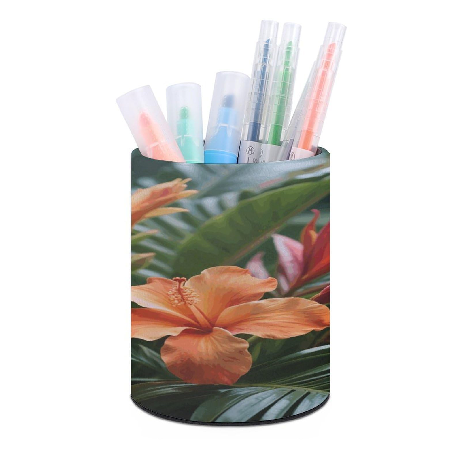 VstaDank - Tropical Flower Round Pen Holder Pencil Holder PU Leather Desk Organizer Stand for Desk Desk Office Home Decor (3.1
