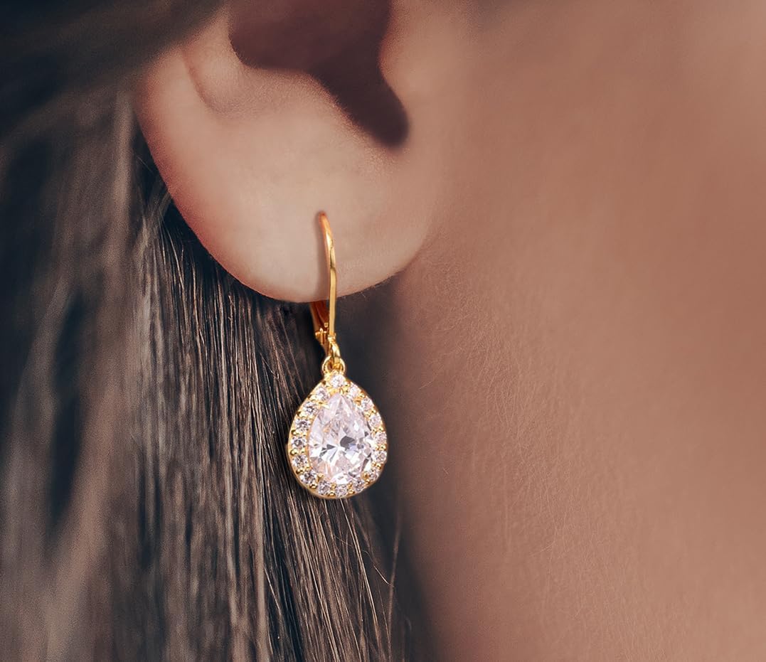 Princess Collection - "Blissful Dreams" - 14.3 mm (4.32 Carat/Pair) Cubic Zirconia 22K Gold-Plated Drop & Dangle Earrings For Sensitive Ears