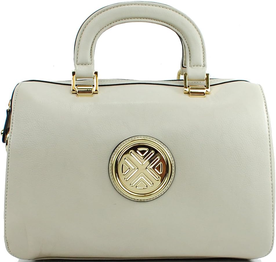 Designer Inspired Gold Logo Plate Duffel Style Boston Bag