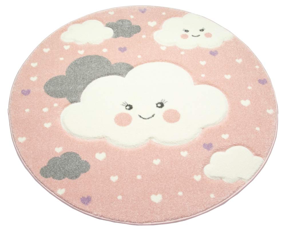Merinos Tappeto per Asilo Tappeto per Gioco Nuvole in Rosa Größe 120 cm Rund