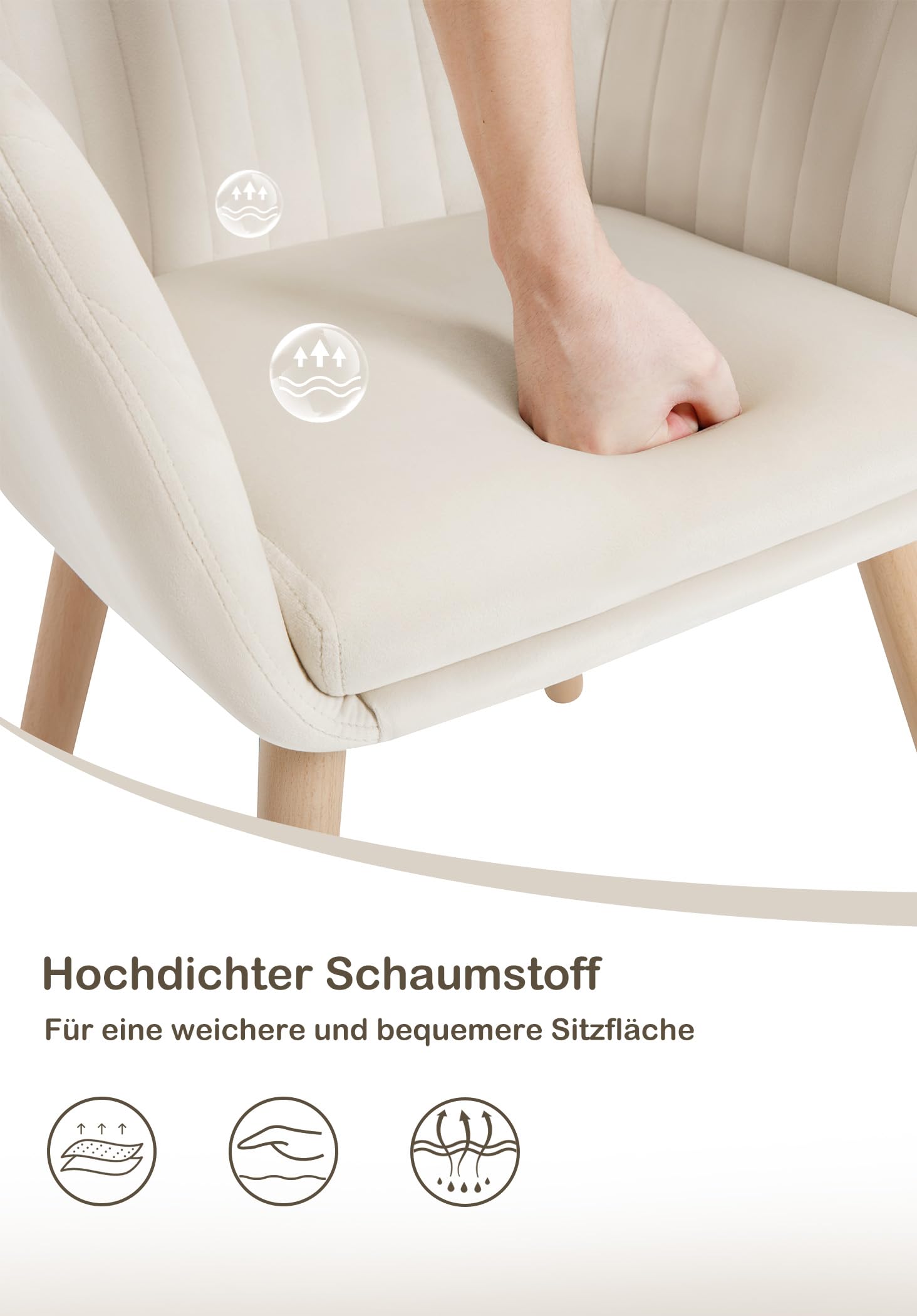 WOLTU Esszimmerstühle 4er Set, für Schlafzimmer Küche Wohnzimmer, Küchenstühle gepolstert mit Armlehne, aus Samt Massivholz, Cremeweiß