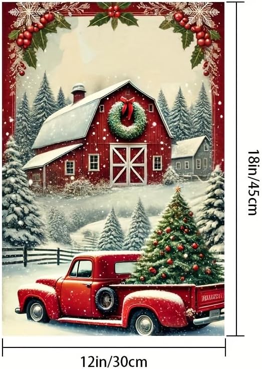 Vintage Red Truck Christmas Flag - 12x18 Inch Garden Decoration With Christmas Tree and Red Barn Scene - Image 5