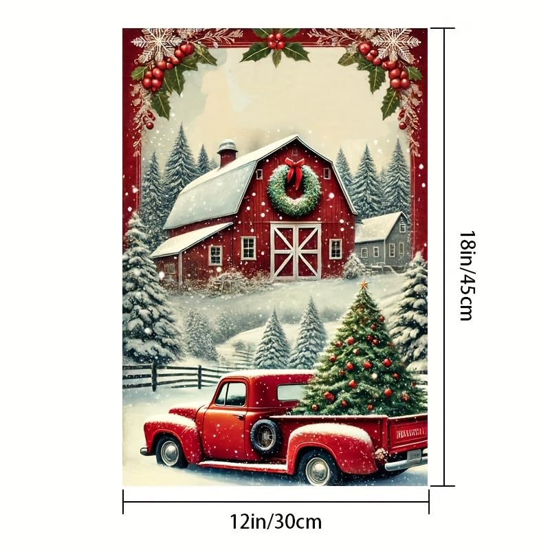 Image of Blissyard Vintage Red Truck Christmas Flag - 12x18 Inch Garden Decoration With Christmas Tree and Red Barn Scene