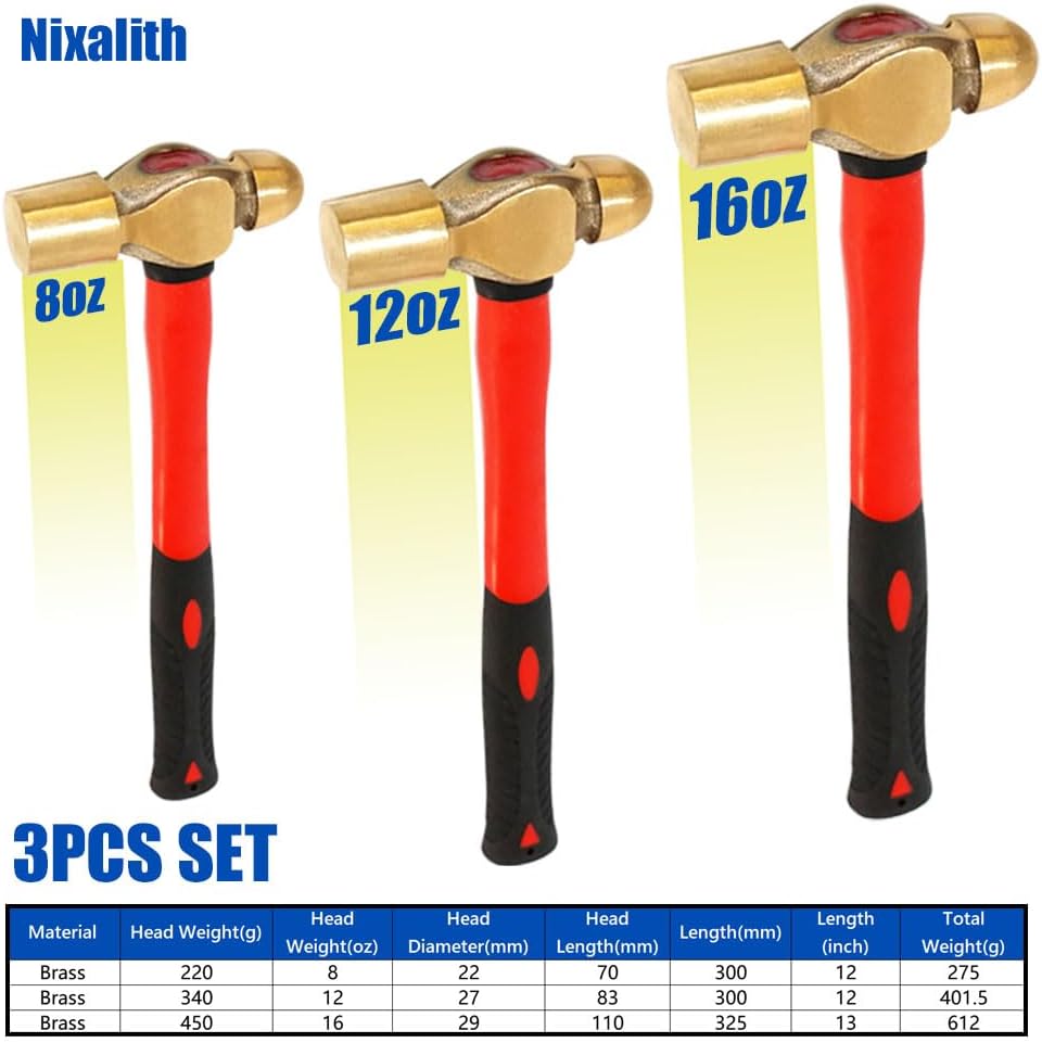 Nixalith Brass Ball Pein Hammer Set 3PCS- 8oz+12oz+16oz,Brass Ball Peen Hammer Head,Metalworking Tool,Ergonomical Anti-slip Handle