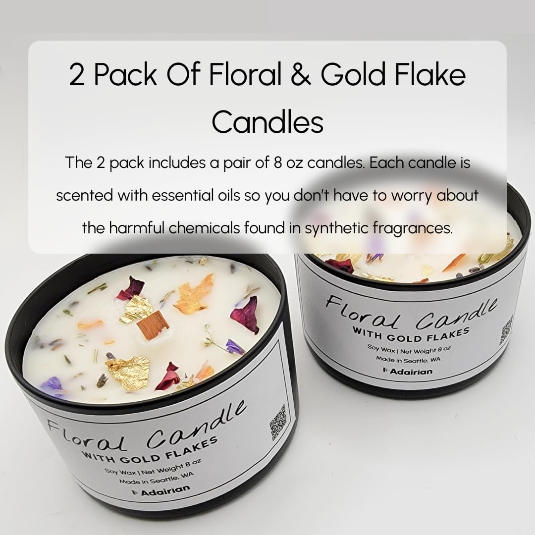 Adairian Wood Dough Bowl Candle with Flowers Inside, Wooden Candles, Large Candles with Wood Wicks, Rustic Farmhouse Decor, Soy Candle with Dried Flowers (2 Pack Floral Metal Tin)