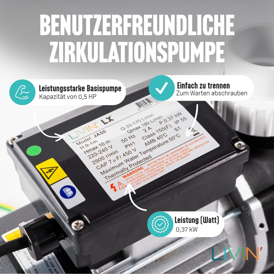LIVIN' Spa LX JA50 Poolpumpen- Whirlpool Zirkulationspumpe 0.37 Kw/ 0.5 HP Spa Pumpe- Pool Filterpumpe 180 L/Min Poolpumpe Über Dem Boden - Wasserkreislaufpumpe Mit 230 V/ 50 Hz & Kein Lärm