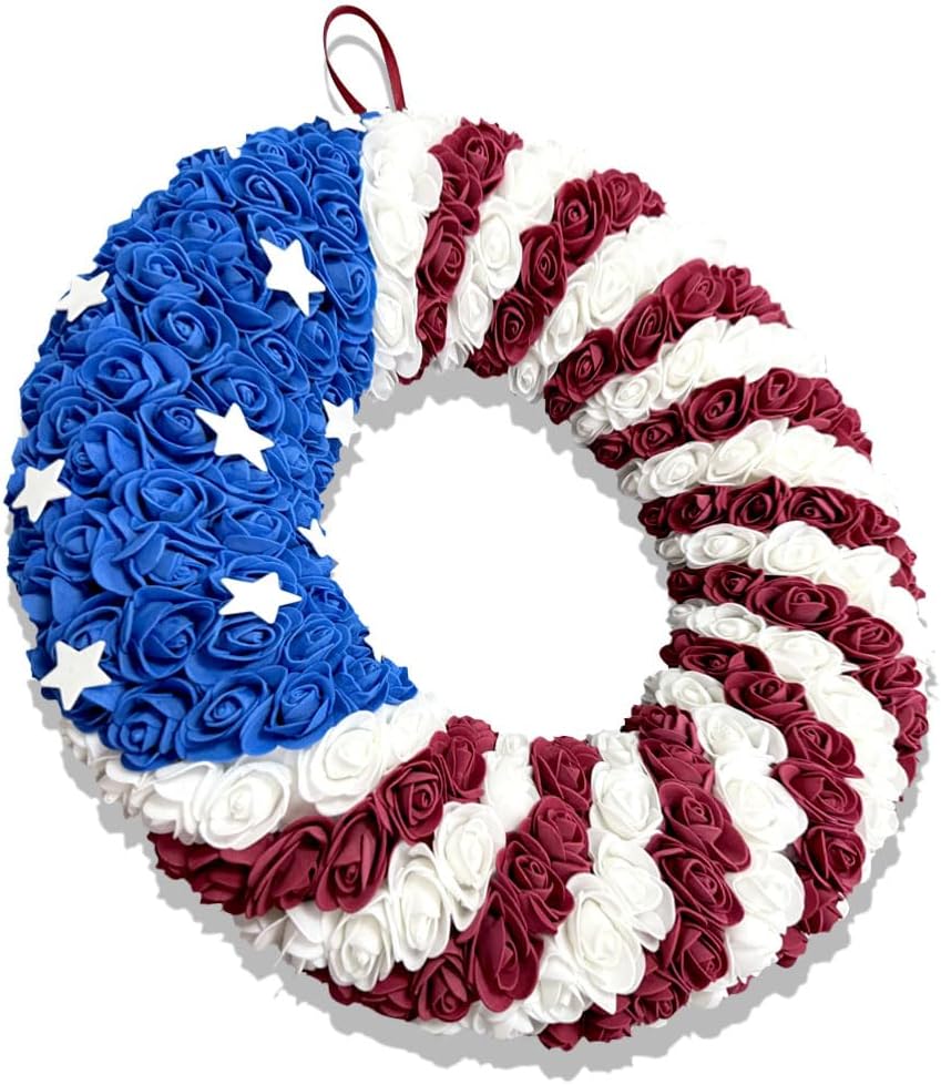 4th of July Patriotic Front Door Wreath, Independence Day Decorations with red White and Blue American Flag, for Outdoor Porch Memorial Day, Indoor/Outdoor Wall Garland, for Summer Holiday Decor(