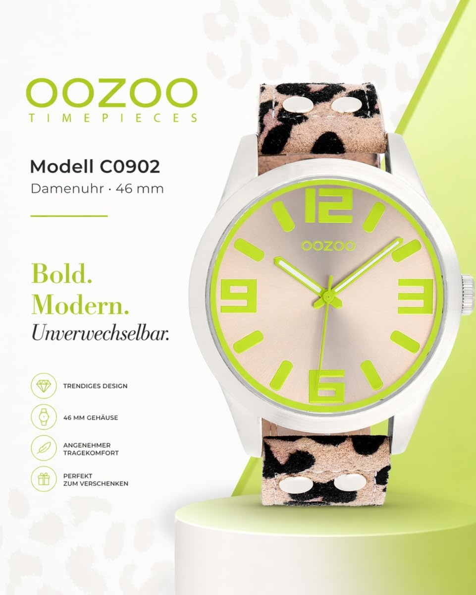 Oozoo C0902 Damenuhr für Damen, silberfarbenes Metallgehäuse, taupefarbenes Zifferblatt, Leoparden Look Armband, Japanisches Quarzwerk, Mineralglas, 46 mm
